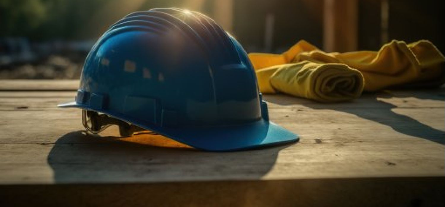 Elmetto da cantiere blu e guanti gialli appoggiati su una superficie in legno con luce solare in controluce