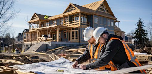 EDILIZIA RESIDENZIALE: COSTRUIRE CASE CHE SONO VERI E PROPRI NIDI 1 Due tecnici con elmetto e gilet catarifrangente consultano un progetto cartaceo davanti a una casa bifamiliare in costruzione con struttura in legno