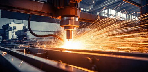 Testa di taglio laser industriale che lavora una lamiera metallica con scintille arancioni in primo piano